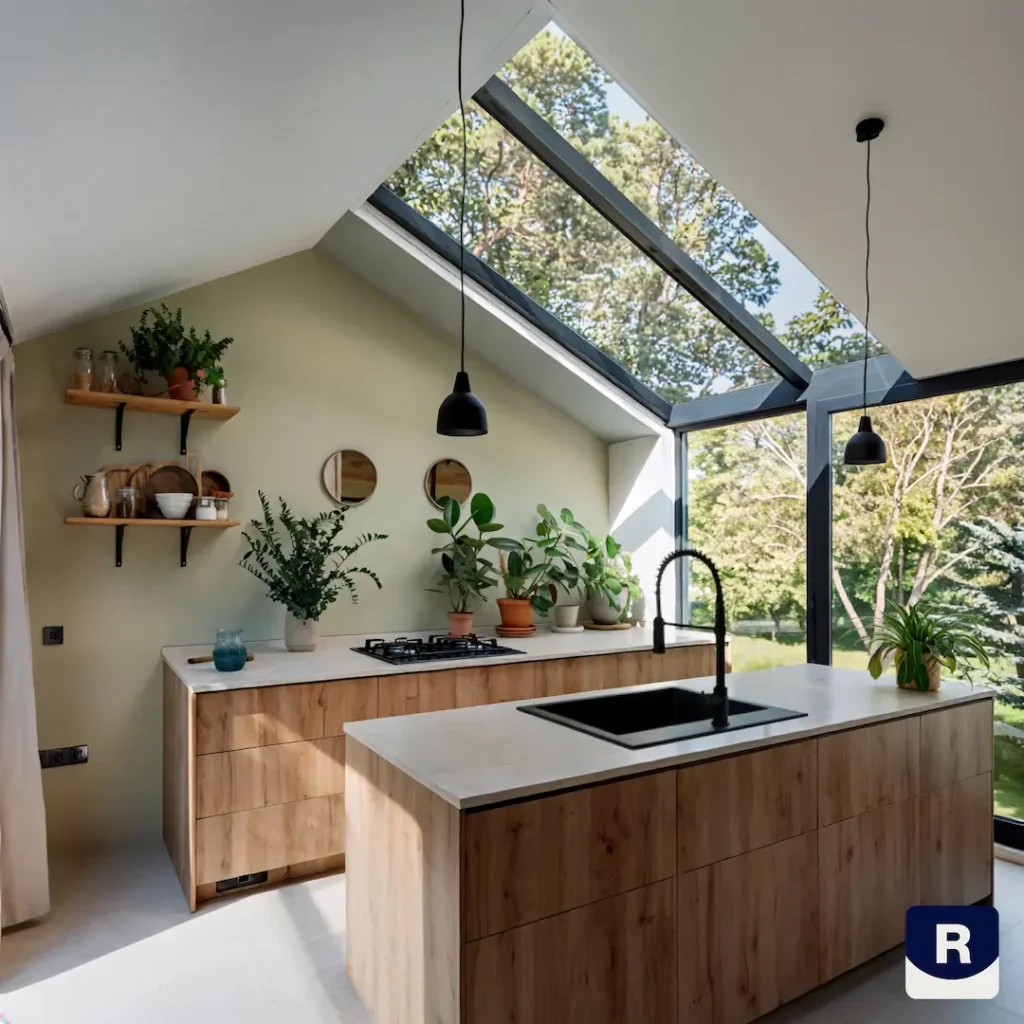 Fresh Leaf colour trend interior featuring Ralston colours P10930, N35020, N36080 and P11010 with soft natural tones, warm peach accents, wooden furniture and large windows.