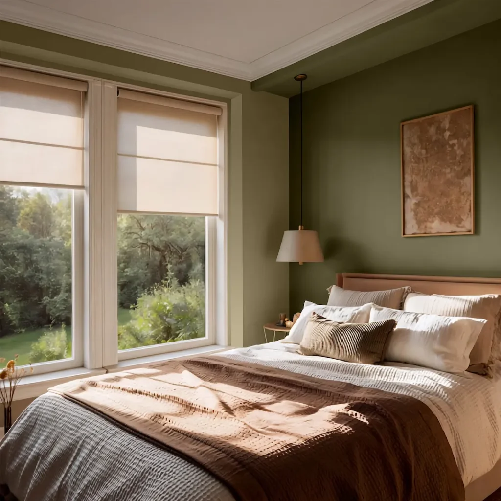 Calming bedroom interior in Wild Grass colour trend featuring Ralston colours P11160, P11020, P11060 and W23820